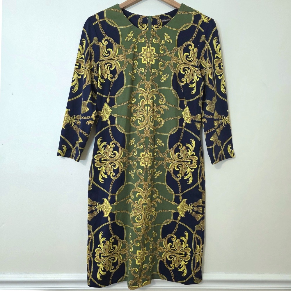 J‎ McLaughlin Catalina Cloth Sophia Mini Dress Sz L Gold Chain Print Old Money